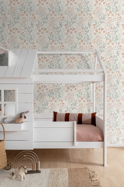 ESTAhome Tapete Blätter und Blumen Hellblau und Terrakotta - 50 x 900 cm - 131387