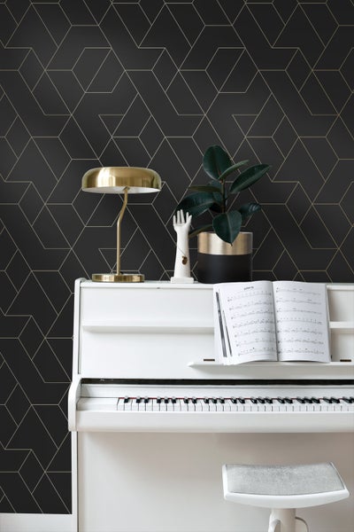 ESTAhome Tapete grafische Linien Schwarz und Gold - 50 x 900 cm - 139945