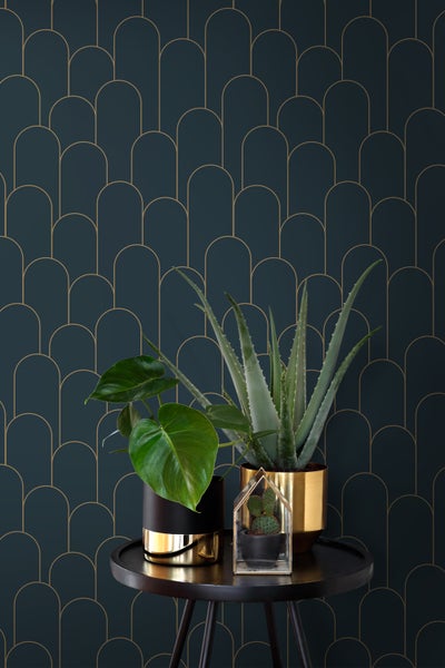 ESTAhome Tapete Art Decó Muster Dunkelblau und Gold - 50 x 900 cm - 139657
