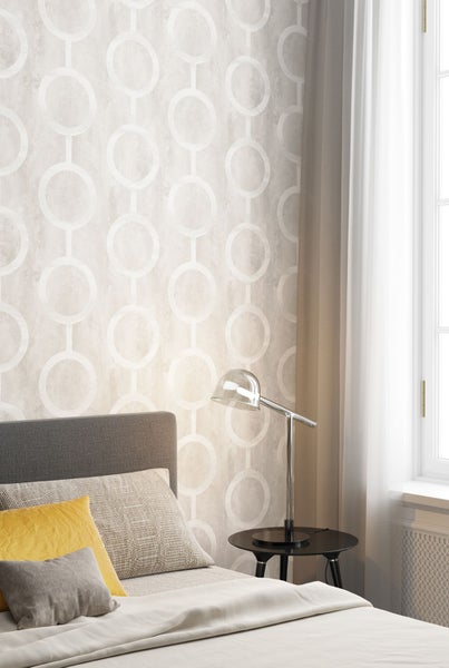 Schlafzimmer mit Tapete mit Kreismuster