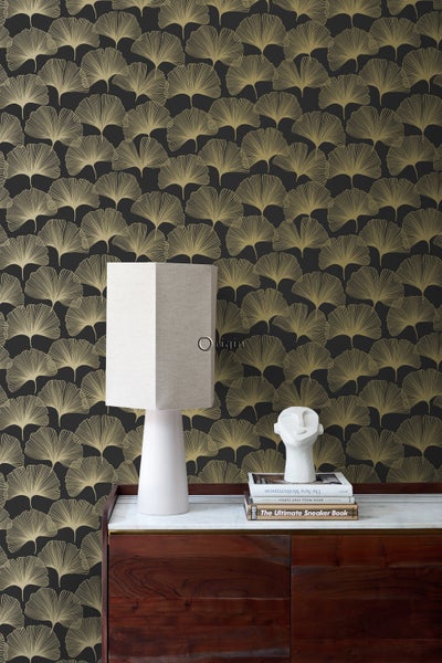 Origin Wallcoverings Tapete Ginkgoblätter Schwarz und Gold - 53 cm x 10.05 m - 347734