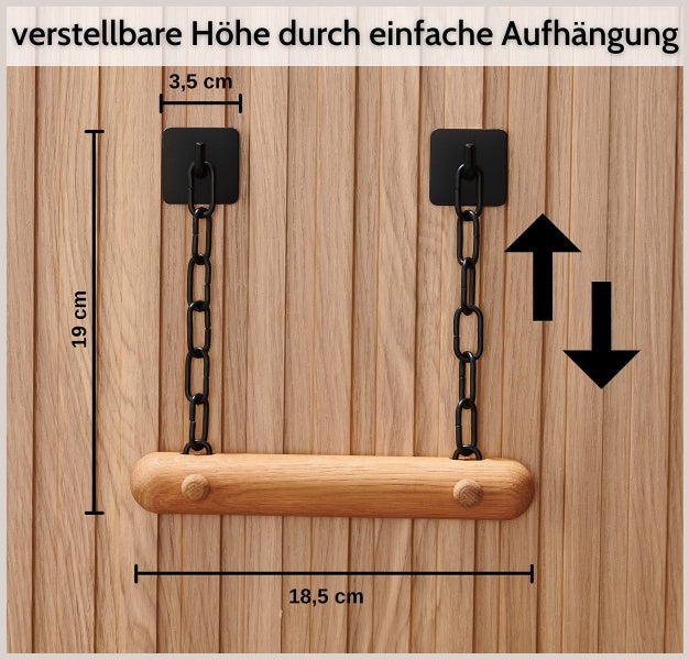 Hängende Holzgarderobe mit verstellbarer Kettenaufhängung und Maßangaben