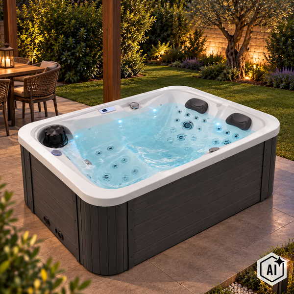 Rechteckiger Whirlpool mit integrierten Massagedüsen und Kopfstützen auf einer Terrasse in einem beleuchteten Garten bei Nacht.