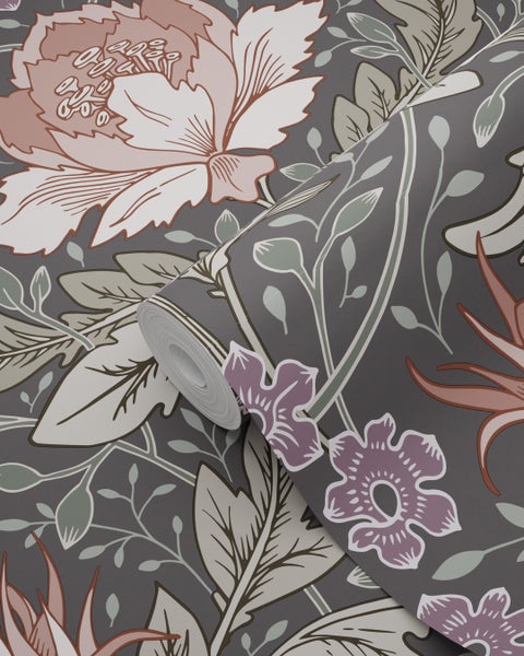 ESTAhome Tapete Blumenmuster im Jugendstil Graugrün und Braun - 50 x 900 cm - 131084