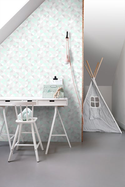 Origin Wallcoverings Tapete Dreiecke Pastell Mintgrün, Hellgrau, Weiß und Smaragdgrün - 53 cm x 10.05 m - 337206