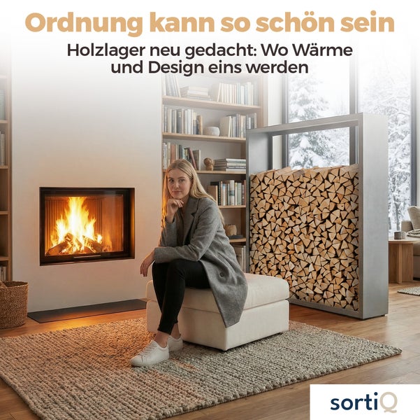 Wohnzimmer mit Kamin, Holzregal und einer Frau auf einem Hocker