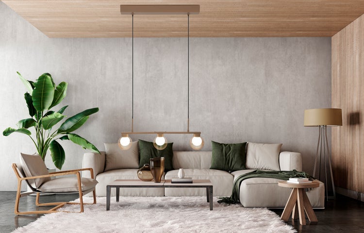 Technische Zeichnung einer Pendelleuchte mit drei Leuchten und Maßangaben