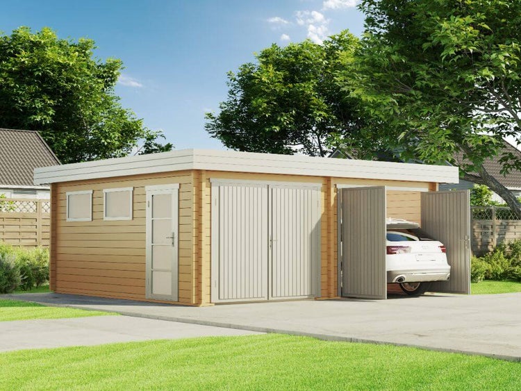 Alpholz Flachdach Doppelgarage D-70 ISO Garage aus Holz, Unterstellplatz mit 70 mm Wandstärke inklusive Geräteraum Fertiggarage, Naturbelassen 6x5,3m