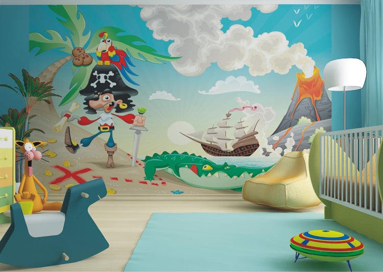 Kinderzimmer mit Piraten Wandbild, Schaukelpferd, Teppich und Babybett