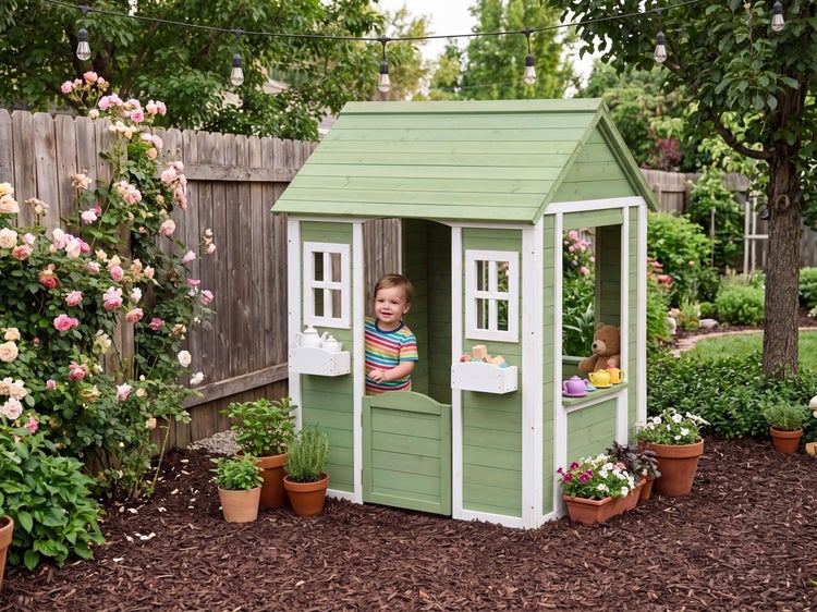 Kinderspielhaus aus Holz in Grün und Weiß mit Satteldach und Fenstern, platziert in einem Garten auf Rindenmulch neben einem Holzzaun.