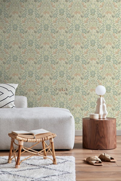 ESTAhome Tapete Blumen und Vögel im Jugendstil Graublau, Braun und Altrosa - 53 cm x 10.05 m - 139323