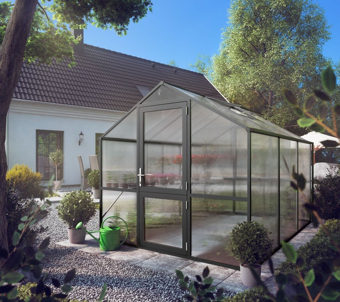 Helles, organisiertes Gewächshaus mit dunklem Metallrahmen und Polycarbonat-Stegplatten auf einem befestigten Gartenplatz vor einem Wohnhaus.
