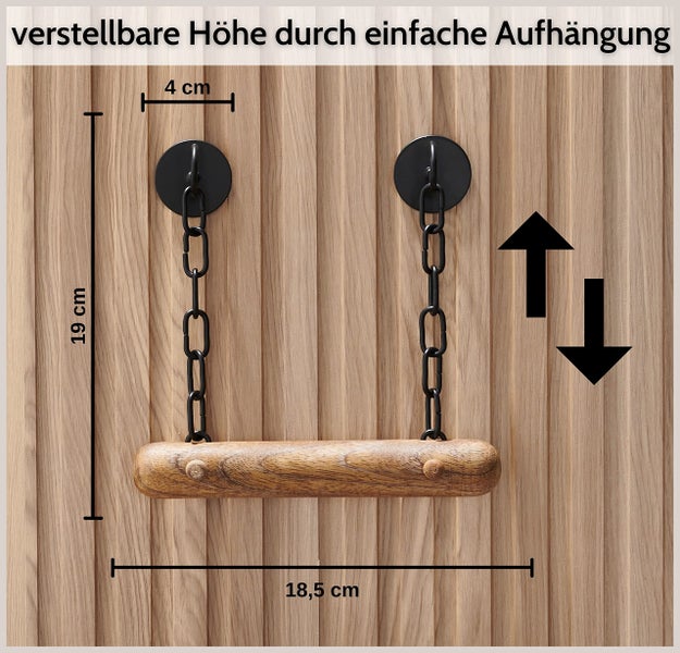 Wandgarderobe mit verstellbarer Höhe durch Kettenaufhängung. Maße: Breite 18,5 Zentimeter, Höhe 19 Zentimeter, Halterung 4 Zentimeter.