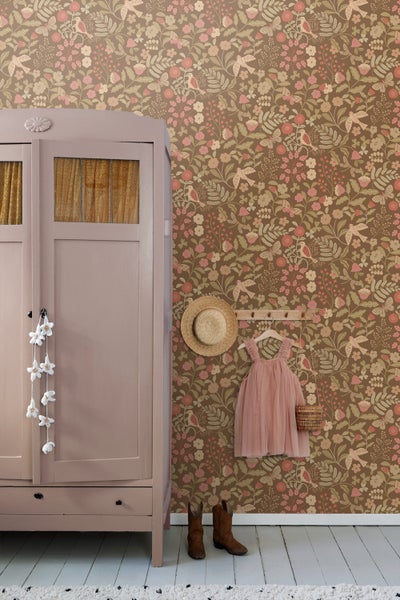 ESTAhome Tapete Blumen und Vögel Graugrün und Rosa - 50 x 900 cm - 131468