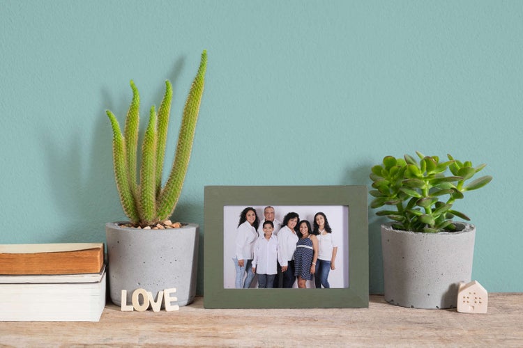 Grüner Bilderrahmen mit Familienfoto auf einem Holzregal, flankiert von einem Kaktus und einer Sukkulente in Betontöpfen vor einer blauen Wand.