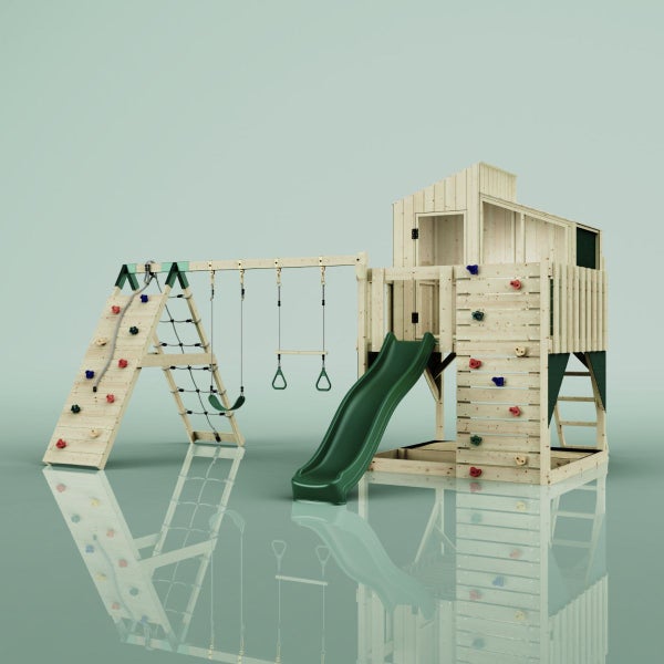 Spielturm aus Holz mit Rutsche, Kletterwand, Schaukel und Kletternetz