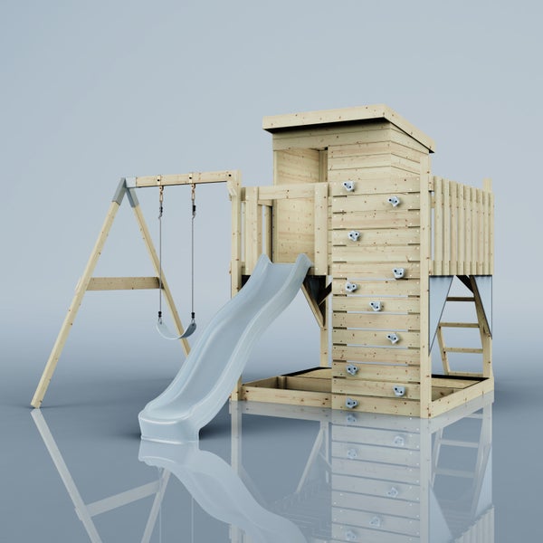 Spielturm aus Holz mit Rutsche, integriertem Sandkasten und erhöhtem Spielhaus auf Stelzen.