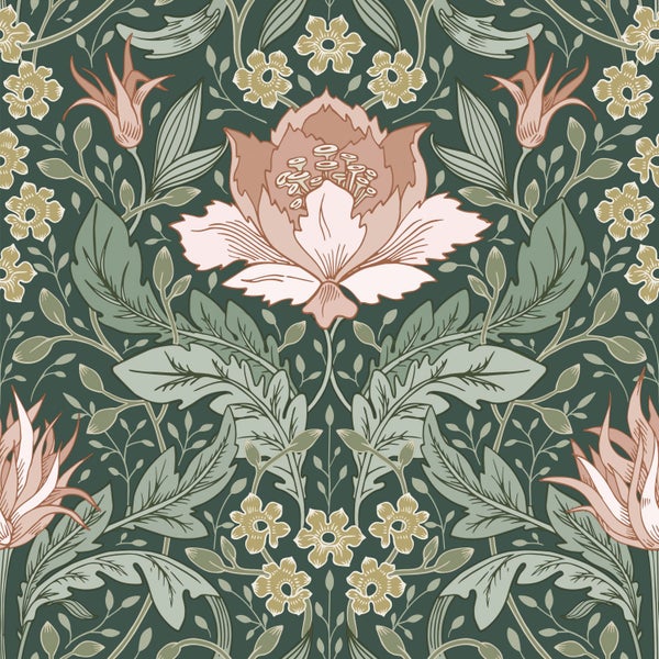 ESTAhome Tapete Blumenmuster im Jugendstil Dunkelgrün und Hellrosa - 50 x 900 cm - 131081