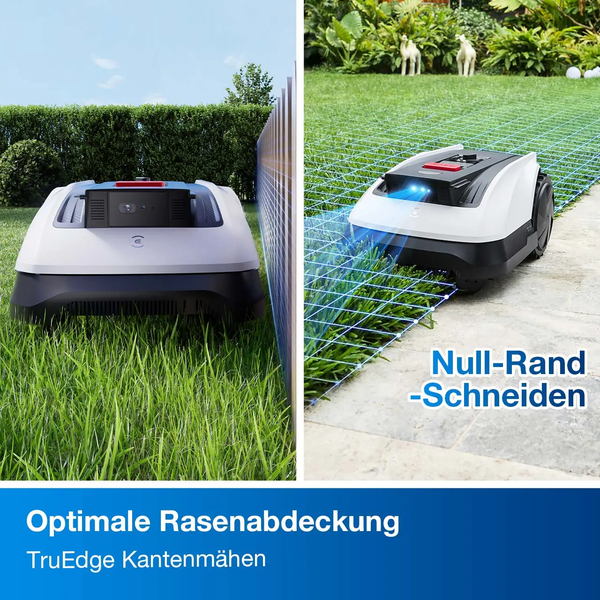 Mähroboter beim Kantenmähen entlang eines Zauns und Weges mit TruEdge Technologie für präzises Schneiden bis zum Rand.