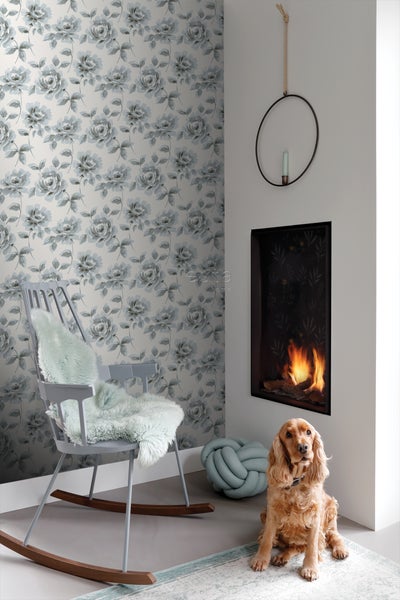 ESTAhome Tapete Aquarell gemalte Rosen Hellblau und Grau - 53 cm x 10.05 m - 128013