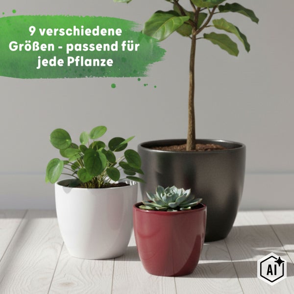 Drei Übertöpfe in verschiedenen Größen und Farben mit Pflanzen in hellem Ambiente. Text: 9 verschiedene Größen - passend für jede Pflanze.