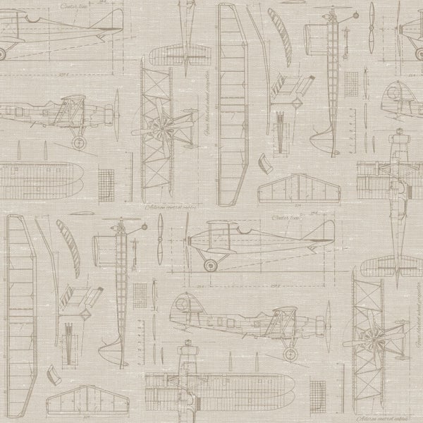 ESTAhome Tapete Kontruktionszeichnungen von Flugzeugen Beige und Sandbraun - 50 x 900 cm - 139959