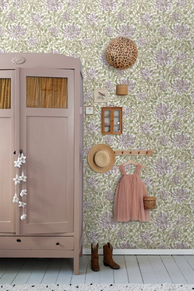 ESTAhome Tapete Blumen Grün und Lila - 50 x 900 cm - 131030