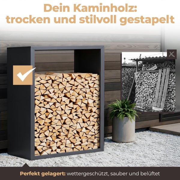 Modernes Kaminholzregal aus Metall mit ordentlich gestapelten Holzscheiten, organisierte und wettergeschützte Lagerung von Brennholz im Freien.