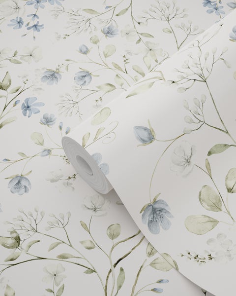ESTAhome Tapete Blumen Graugrün, Blau und Weiß - 50 x 900 cm - 131139