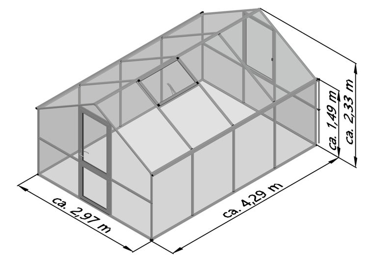 Gewächshaus, Maße: Länge circa 4,29 Meter, Breite circa 2,97 Meter, Firsthöhe circa 2,33 Meter, Seitenhöhe circa 1,49 Meter.