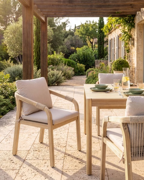 Gartengarnitur auf einer hellen Steinterrasse unter einer Holzpergola mit Holztisch und Sesseln mit Seilverzierung und hellen Polstern.