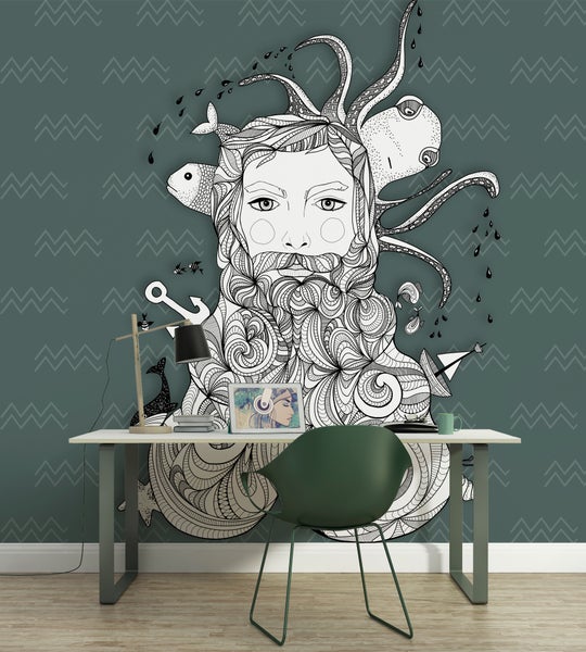 Fototapete mit maritimer Schwarz-Weiß-Illustration eines Mannes über einem Schreibtisch mit grünem Stuhl und Lampe.