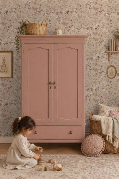 Ein Kinderzimmer mit einem rosa Kleiderschrank vor einer floralen Tapete, in dem ein Kind mit Holzspielzeug auf einem Teppich spielt.