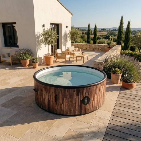 Runder Whirlpool in Holzoptik auf einer hellen Terrasse mit Holzgartenmöbeln, Olivenbäumen und weitem Ausblick in die Natur.