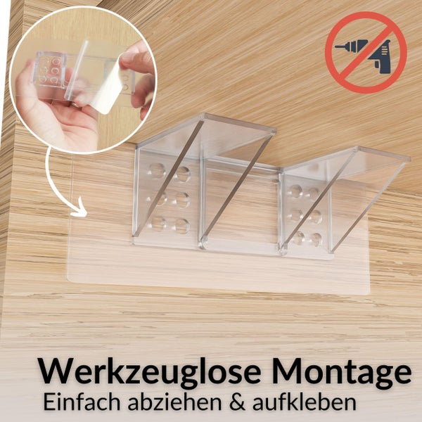 Werkzeuglose Montage eines transparenten Halters auf Holz durch Abziehen der Schutzfolie und Aufkleben ohne Bohren.