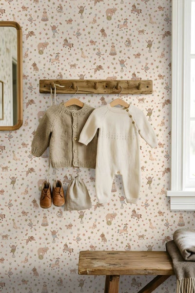 Kindertapete mit Zirkusmotiv an einer Wand mit Garderobenhaken, Strickjacke, Strampler und Kinderschuhen in einem Raum.