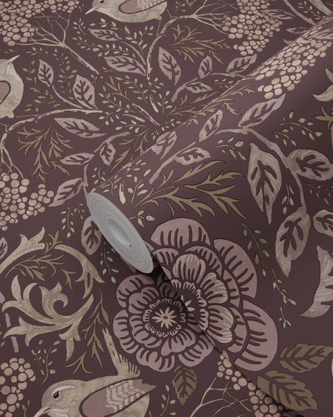 ESTAhome Tapete Blumen und Vögel mauve-violett - 53 cm x 10.05 m - 131208