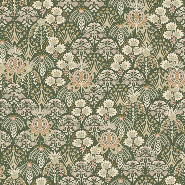 ESTAhome Tapete Blumenmuster im Jugendstil Dunkelgrün - 50 x 900 cm - 130972
