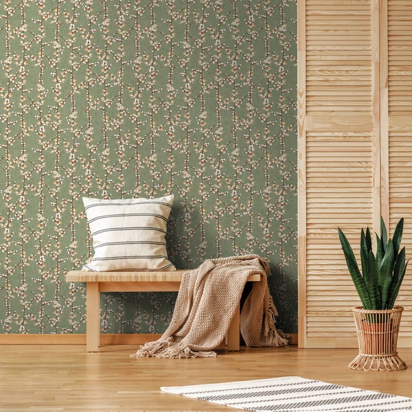 Sanders und Sanders Tapete Blüte Olivgrün und Weiß - 53 cm x 10 m - 640182