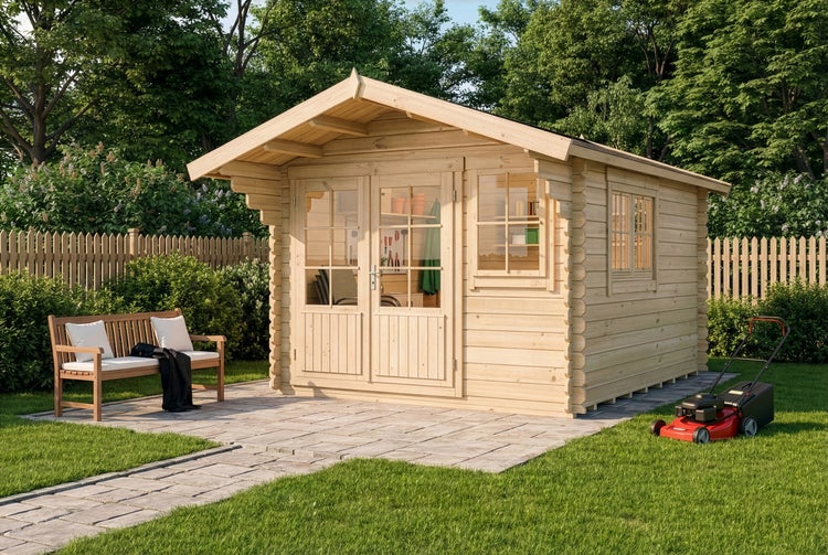Holz Gartenhaus mit Doppeltür, Fenster und Rasenmäher