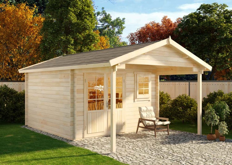 Alpholz Gartenhaus Timo ISO Premium Gartenhaus aus Holz, Holzhaus mit 44 mm Wandstärke inklusive Schleppdach, Blockbohlenhaus mit Montagematerial, Naturbelassen 3,8x5,7m