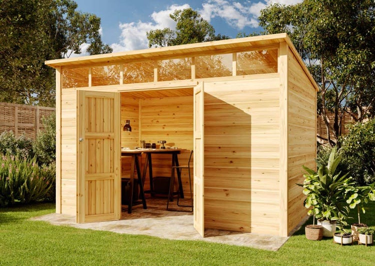 Alpholz Gerätehaus Q Line 360x180 Gerätehaus aus Holz, Geräteschrank mit 28 mm Wandstärke, Gartenhaus, Naturbelassen 3,7x2,1m