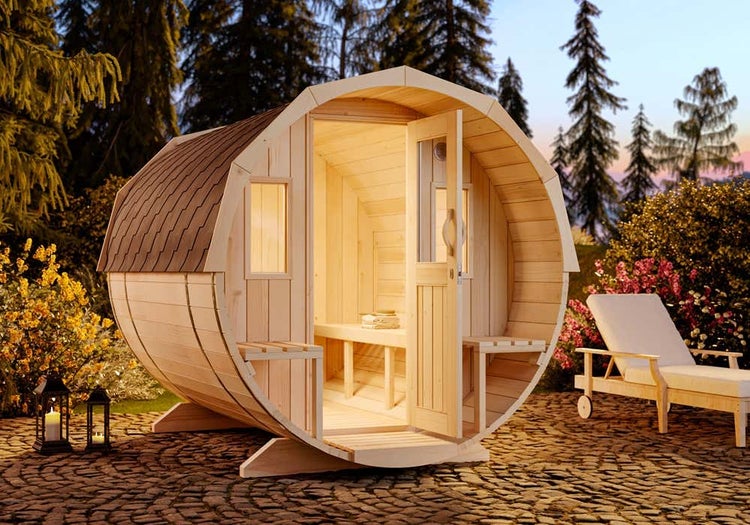 FinnTherm Fass-Sauna Sam Fasssauna 2 Sitzbänke aus Holz, Sauna mit 40 mm Wandstärke, Außensauna mit Montagematerial, Naturbelassen