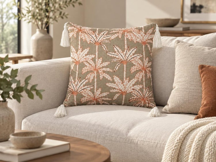 Quadratisches Dekokissen mit Palmenmuster und Quasten an den Ecken auf einem Sofa platziert