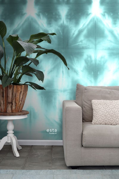 ESTAhome Fototapete wandfüllendes Tie-Dye Shibori Muster Türkis - 100 x 279 cm - 158822
