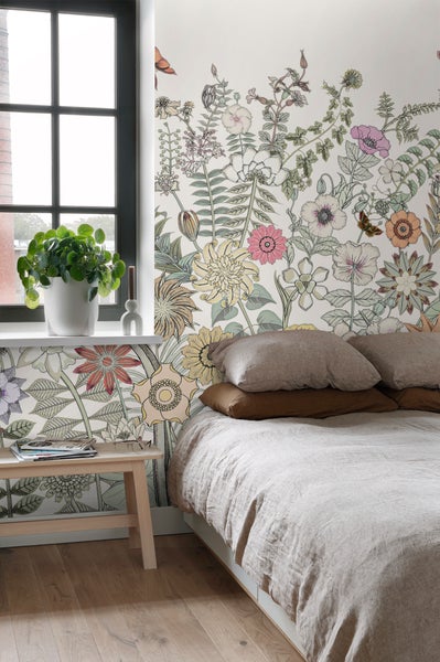 ESTAhome Fototapete Blumen & Schmetterlinge Grün, Orange und Lila - 250 x 279 cm - 159107