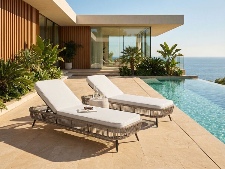 Zwei Liegestühle mit Polsterauflagen stehen auf einer Terrasse mit Meerblick