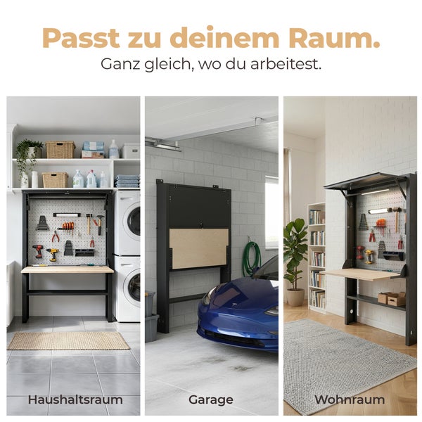 Klappbare Werkbank in einem Haushaltsraum, einer Garage und einem Wohnzimmer. Platzsparende, moderne Lösung mit Werkzeugwand aus Metall und Holz.