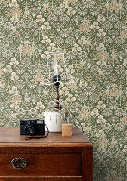 ESTAhome Tapete Blumenmuster im Jugendstil Dunkelgrün - 50 x 900 cm - 130972