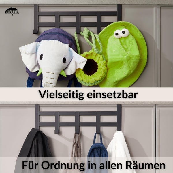 Schwarze Tür-Garderobe mit fünf Haken für Kleidung und Accessoires, vielseitig einsetzbar für Ordnung in verschiedenen Räumen. Dekazia Logo.